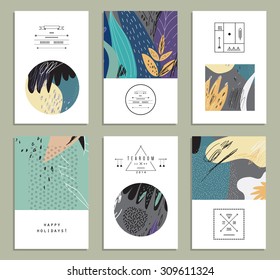 Set of creative universal floral cards. Hand Drawn textures. Wedding, anniversary, birthday, Valentin's day, party invitations. Vector. Isolated.