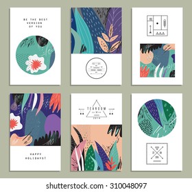 Set of creative universal floral cards. Hand Drawn textures. Wedding, anniversary, birthday, Valentin's day, party invitations. Vector. Isolated.