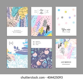 Set of creative universal floral cards with place for your text. Art posters. Hand Drawn textures. Wedding, anniversary, birthday, Valentin's day, party invitations. Vector. Isolated.