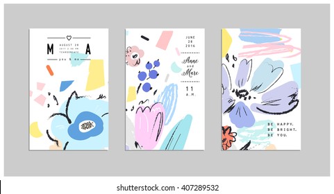 Set of creative universal floral cards. Wedding, anniversary, birthday, Valentin's day, party invitations, art poster. Vector. Isolated.