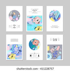 Set of creative universal floral cards. Wedding, anniversary, birthday, Valentin's day, party invitations, art poster. Vector. Isolated.