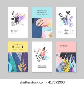 Set of creative universal floral cards with place for your text. Art posters. Hand Drawn textures. Wedding, anniversary, birthday, Valentin's day, party invitations. Vector. Isolated.