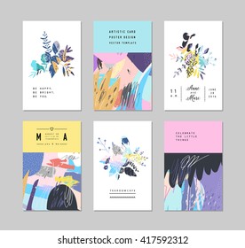 Set of creative universal floral cards with place for your text. Art posters. Hand Drawn textures. Wedding, anniversary, birthday, Valentin's day, party invitations. Vector. Isolated.