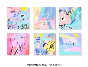 Conjunto de creativas tarjetas florales universales. Boda, aniversario, cumpleaños, día de San Valentín, invitaciones a fiestas, afiche de arte.Vector. Aislado.
