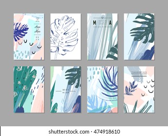 Set of creative universal floral cards in tropical style. Hand Drawn textures. Wedding, anniversary, birthday, Valentin's day, party invitations. Vector. Isolated.