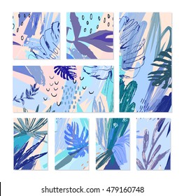 Set of creative universal floral cards in tropical style. Hand Drawn textures. Wedding, anniversary, birthday, Valentin's day, party invitations. Vector. Isolated.