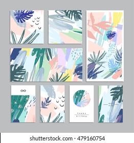 Set of creative universal floral cards in tropical style. Hand Drawn textures. Wedding, anniversary, birthday, Valentin's day, party invitations. Vector. Isolated.