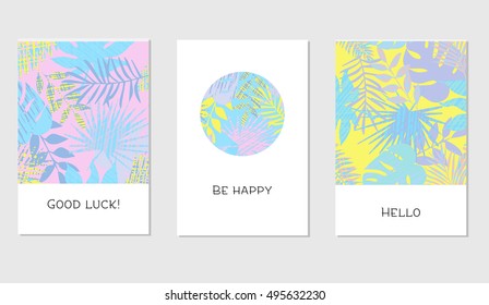 Set of creative universal floral cards in tropical style. Hand Drawn textures. Wedding, anniversary, birthday, Valentin's day, party invitations. Vector. Isolated.