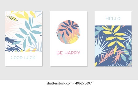 Set of creative universal floral cards in tropical style. Hand Drawn textures. Wedding, anniversary, birthday, Valentin's day, party invitations. Vector. Isolated.