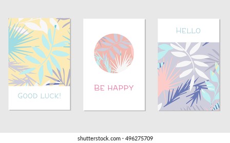 Set of creative universal floral cards in tropical style. Hand Drawn textures. Wedding, anniversary, birthday, Valentin's day, party invitations. Vector. Isolated.