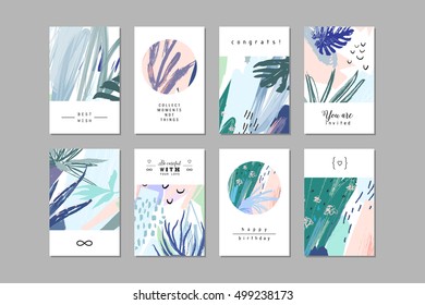 Set of creative universal floral cards in tropical style. Hand Drawn textures. Wedding, anniversary, birthday, Valentin's day, party invitations. Vector. Isolated.