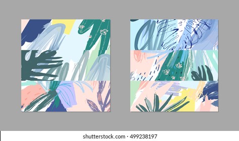 Set of creative universal floral cards in tropical style. Hand Drawn textures. Wedding, anniversary, birthday, Valentin's day, party invitations. Vector. Isolated.