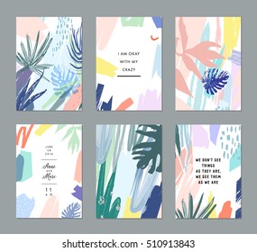 Set of creative universal floral cards in tropical style. Hand Drawn textures. Wedding, anniversary, birthday, Valentin's day, party invitations. Vector. Isolated.