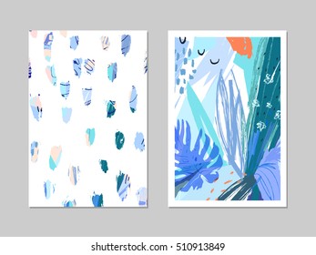 Set of creative universal floral cards in tropical style. Hand Drawn textures. Wedding, anniversary, birthday, Valentin's day, party invitations. Vector. Isolated.