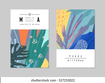 Conjunto de creativas tarjetas florales universales de estilo tropical. Texturas dibujadas a mano. Boda, aniversario, cumpleaños, día de San Valentín, invitaciones a fiestas.