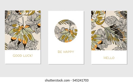 Set kreativer universeller Blumenkarten im tropischen Stil. Handgezeichnete Texturen. Hochzeit, Jahrestag, Geburtstag, Valentin-Tag, Einladungen zu Feiern. Vektorgrafik. Einzeln.