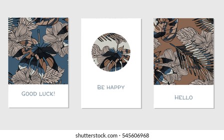 Set of creative universal floral cards in tropical style. Hand Drawn textures. Wedding, anniversary, birthday, Valentin's day, party invitations. Vector. Isolated.