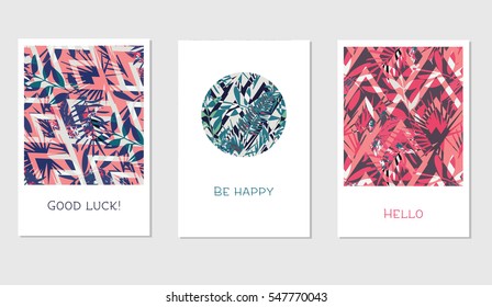 Set of creative universal floral cards in tropical style. Wedding, anniversary, birthday, Valentin's day, party invitations. Vector. Isolated.