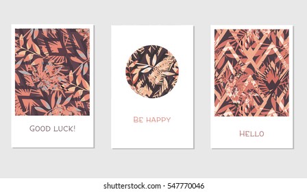 Set of creative universal floral cards in tropical style. Wedding, anniversary, birthday, Valentin's day, party invitations. Vector. Isolated.