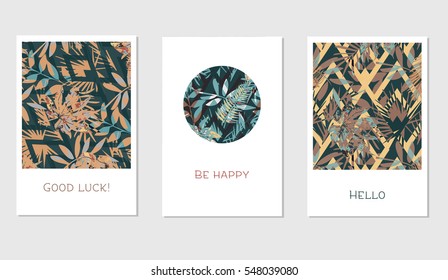 Set of creative universal floral cards in tropical style. Wedding, anniversary, birthday, Valentin's day, party invitations. Vector. Isolated.