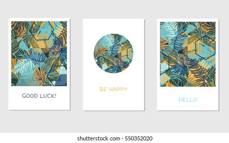 Set of creative universal floral cards in tropical style. Wedding, anniversary, birthday, Valentin's day, party invitations. Vector. Isolated.