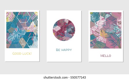 Set of creative universal floral cards in tropical style. Wedding, anniversary, birthday, Valentin's day, party invitations. Vector. Isolated.