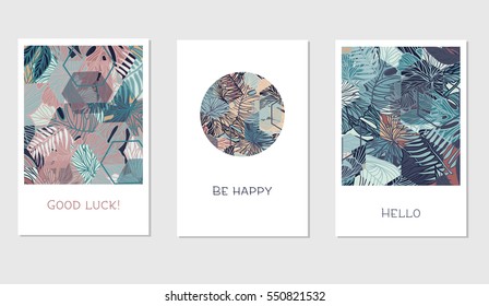 Set of creative universal floral cards in tropical style. Wedding, anniversary, birthday, Valentin's day, party invitations. Vector. Isolated.