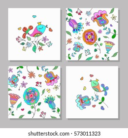 Set of creative universal floral cards. Wedding, anniversary, birthday, Valentine's day, party invitations, art poster. Doodle style. Vector isolated