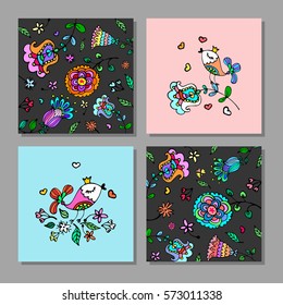 Set of creative universal floral cards. Wedding, anniversary, birthday, Valentine's day, party invitations, art poster.Doodle style. Vector isolated