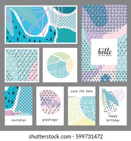Set of creative universal floral cards. Designs for prints, wedding, anniversary, birthday, Valentine's day, party invitations, posters, cards, etc. Vector. Isolated.