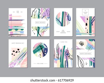 Set of creative universal floral cards in trendy style with Hand Drawn textures. 
Greetings, Wedding, Anniversary, Birthday, Valentin's day, Thank You, 
Party invitations, Packaging Posters. 
Vector 