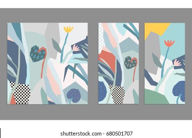 Set of creative universal floral cards. Wedding, anniversary, birthday, Valentin's day, party invitations. Modern graphic design.