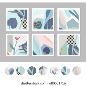 Set of creative universal floral cards and stickers. Wedding, anniversary, birthday, Valentin's day, party invitations. Modern graphic design.