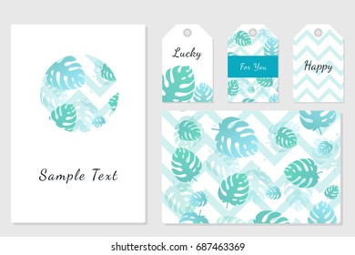 Set of creative universal floral cards and gift tags. Anniversary, birthday, party invitations. Vector. Isolated. Tropical palm leaves, jungle leaf seamless vector floral pattern background