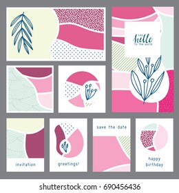 Set of creative universal floral cards. Designs for prints, wedding, anniversary, birthday, Valentine's day, party invitations, posters, cards, etc. Vector. Isolated.