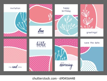 Set of creative universal floral cards. Designs for prints, wedding, anniversary, birthday, Valentine's day, party invitations, posters, cards, etc. Vector. Isolated.