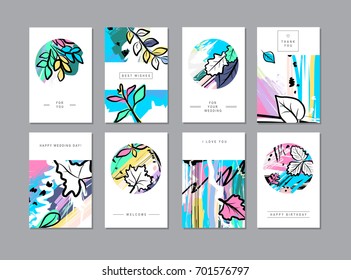 Conjunto de creativas tarjetas florales universales en estilo moderno con texturas de mano dibujada. 
Tarjetas de saludo, Boda, Aniversario, Cumpleaños, Día de San Valentín, Gracias, 
Invitaciones a fiestas, afiches. Vector 