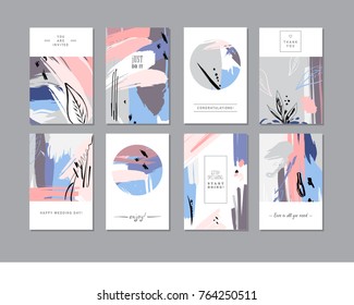 Set of creative universal floral cards in trendy style with Hand Drawn textures. 
Greeting Cards, Wedding, Anniversary, Birthday, Valentin's day, Thank You, 
Party invitations, Posters. Vector