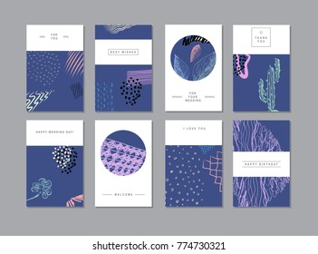 Set of creative universal floral cards in trendy style with Hand Drawn textures. Greeting Cards, Wedding, Anniversary, Birthday, Valentin's day, Thank You, Party invitations, Posters. Vector