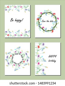 Set of creative universal floral ornamental cards. Vector template set. Hand Drawn textures. Wedding, anniversary, birthday, Valentin's day, party invitations. Vector. Isolated. 