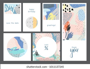 Set of creative universal geometric cards. Designs for prints, wedding, anniversary, birthday, Valentine's day, party invitations, posters, cards, etc. Vector. Isolated.