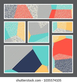 Set of creative universal geometric cards. Designs for prints, wedding, anniversary, birthday, Valentine's day, party invitations, posters, cards, etc. Vector. Isolated.