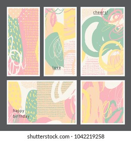 Set of creative universal geometric cards. Designs for prints, wedding, anniversary, birthday, Valentine's day, party invitations, posters, cards, etc. Vector. Isolated.