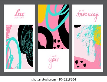 Set of creative universal geometric cards. Designs for prints, wedding, anniversary, birthday, Valentine's day, party invitations, posters, cards, etc. Vector. Isolated.