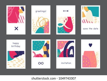 Set of creative universal geometric cards. Designs for prints, wedding, anniversary, birthday, Valentine's day, party invitations, posters, cards, etc. Vector. Isolated.