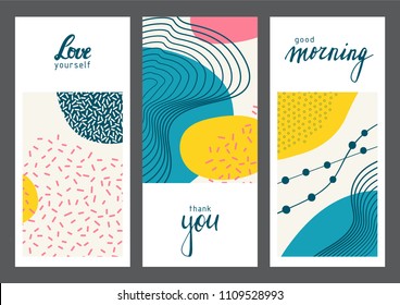 Conjunto de cartas geométricas universales creativas. Diseños para impresiones, boda, aniversario, cumpleaños, día de San Valentín, invitaciones a fiestas, afiches, tarjetas, etc. Vector. Aislado.