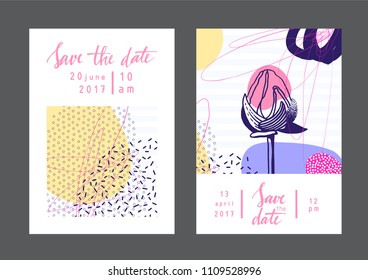 Set of creative universal geometric cards. Designs for prints, wedding, anniversary, birthday, Valentine's day, party invitations, posters, cards, etc. Vector. Isolated.