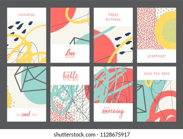 Set of creative universal geometric cards. Designs for prints, wedding, anniversary, birthday, Valentine's day, party invitations, posters, cards, etc. Vector. Isolated.