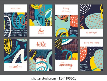 Set of creative universal geometric cards. Designs for prints, wedding, anniversary, birthday, Valentine's day, party invitations, posters, cards, etc. Vector. Isolated.