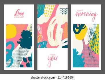 Set of creative universal geometric cards. Designs for prints, wedding, anniversary, birthday, Valentine's day, party invitations, posters, cards, etc. Vector. Isolated.